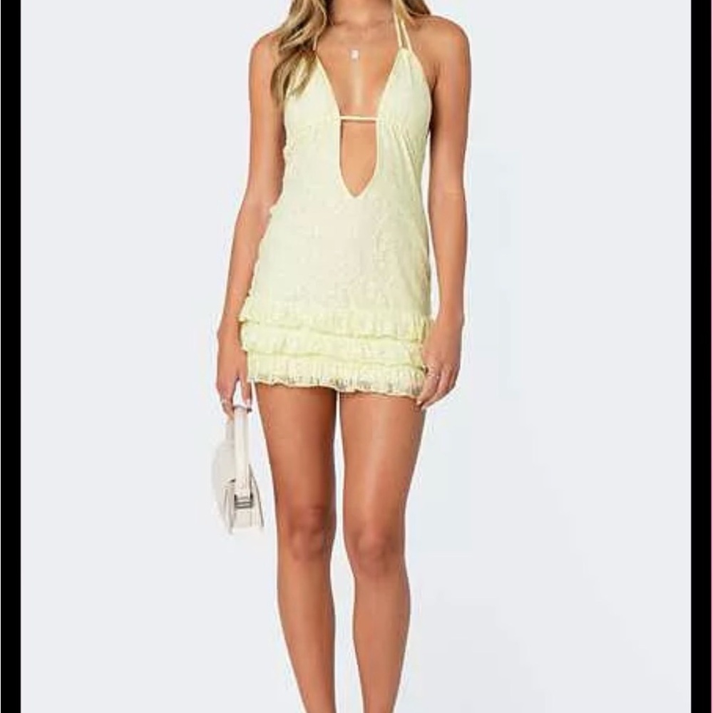 Edikted Pale Yellow Halter Mini Dress